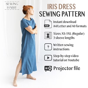 Op de afbeelding: Een naaipatroon voor een Iris-jurk. Het patroon bevat een directe download in A4/Letter en A0-formaten, maten XS-5XL, 3 mouwlengtes, schriftelijke naaianwijzingen, een stapsgewijze videozelfstudie op YouTube en een projectorbestand.