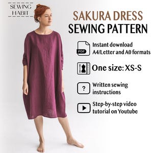 Oversized naaipatroon voor dames, linnen kimonojurk, one size XS-S, pdf-naaipatroon, capsulegarderobe, met zakken, naaipatroon