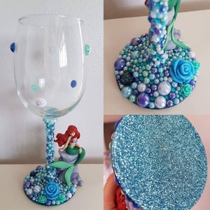 Wijnglas kleine zeemeermin, Ariel wijnglas, cadeau kleine zeemeermin, wijnglas glitter, verjaardagscadeau, kerstcadeau, op Disney geïnspireerd cadeau