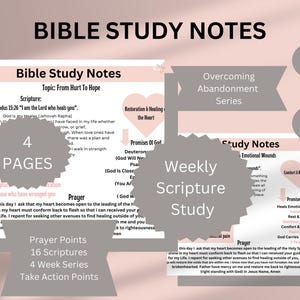 Könnte beinhalten: Ein druckbares Bibelstudien-Notizdokument in Rosa und Grau mit dem Titel "Bible Study Notes" und dem Thema "From Hurt To Hope". Das Dokument enthält Bibelverse, Gebetsanliegen und eine viertägige Serie.