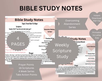 May include: A pink and gray printable Bible study notes document with the title "Bible Study Notes" and the topic "From Hurt To Hope". The document includes scripture verses, prayer points, and a four-week series.