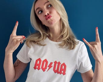 Aqua ACDC-shirt, ACDC-graphic T-shirt, Aqua Band getailleerd shirt, getailleerd bandshirt, jaren 2000 bandshirt, Aqua Music Tee, shirt retro muziekband