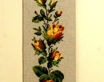 Vintage Swedish Cross Stitch Wall Hanging: Yellow Rose Embroidery