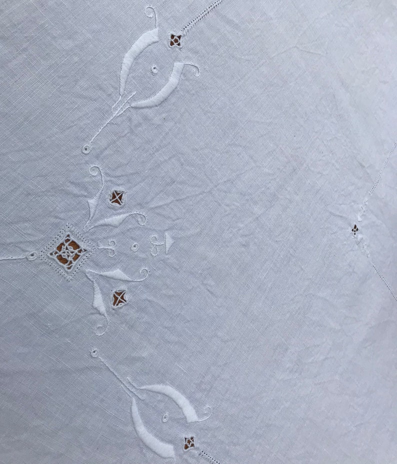 Scandinavian Textile White on White Embroidery 1950s Vintage Table Topper Mid Century Home Decor MCM Hemstitched Cotton Tablecloth
