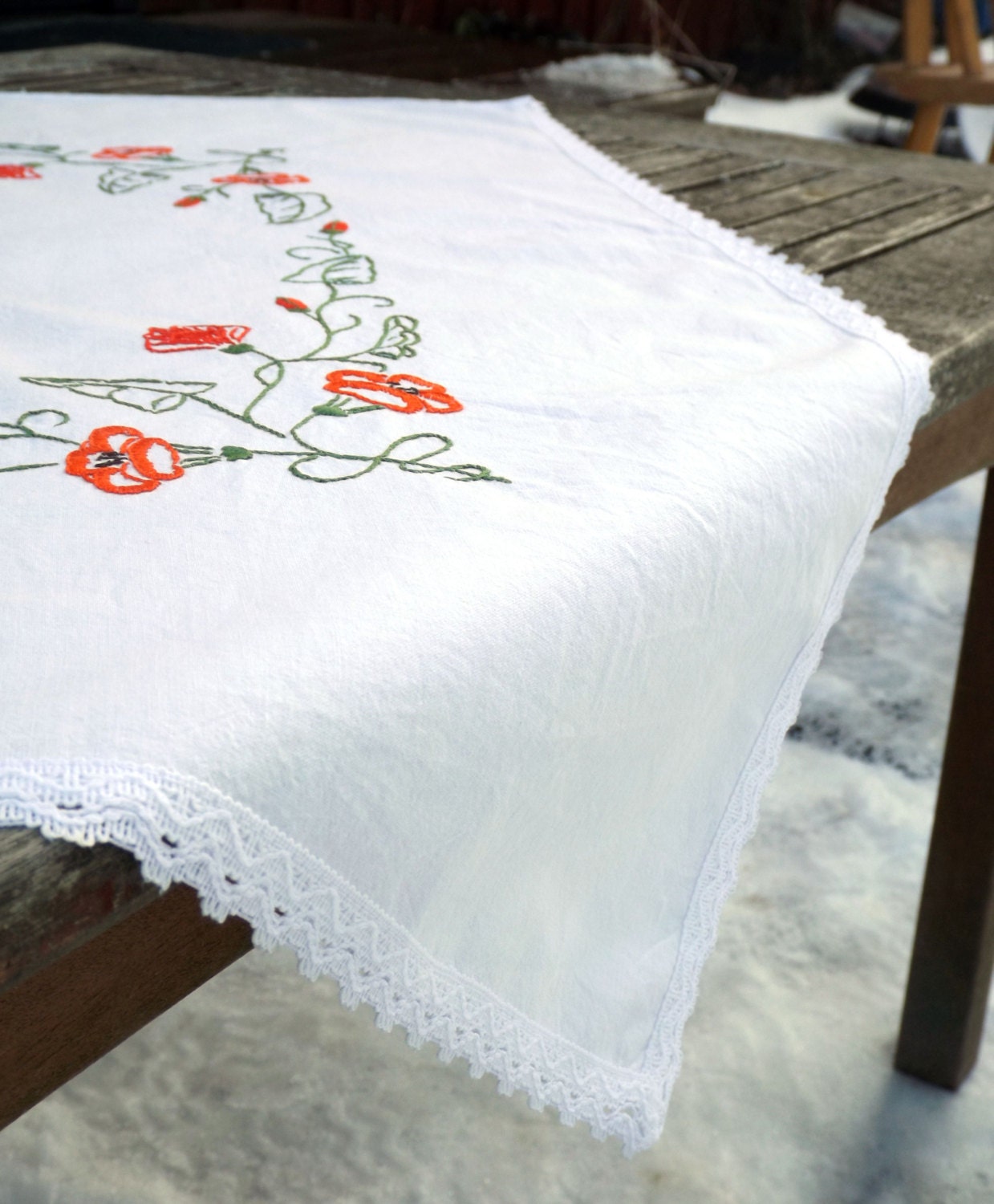 German Vintage Tablecloth Embroidered Flowers Red and Green Etsy
