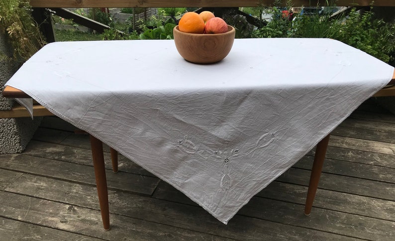Scandinavian Textile White on White Embroidery 1950s Vintage Table Topper Mid Century Home Decor MCM Hemstitched Cotton Tablecloth