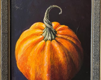 Curly Stem Pumpkin, hand painted in acrylic and professionally framed, ready for Halloween!