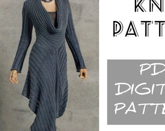 Knit FALL Maxi LONG SLEEVE Dress Pattern pdf - Cowl Neck Wool Ribbed Dress - Knitting Pattern - Party Vintage Dress