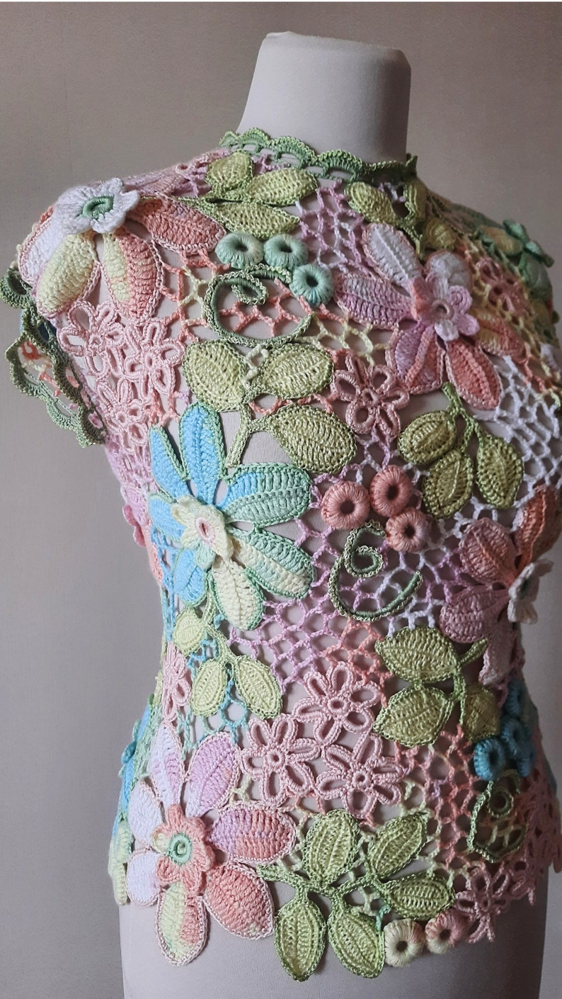 TUTORIAL IRISH CROCHET Tee Top Vest Pattern - Floral Rainbow Lace Short Sleeve Sweater Blouse - Summer T-Shirt for women image 7