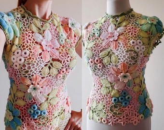 TUTORIAL IRISH CROCHET Tee Top Vest Pattern - Floral Rainbow Lace Short Sleeve Sweater Blouse - Summer T-Shirt for women