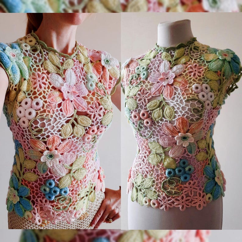 TUTORIAL IRISH CROCHET Tee Top Vest Pattern - Floral Rainbow Lace Short Sleeve Sweater Blouse - Summer T-Shirt for women image 1