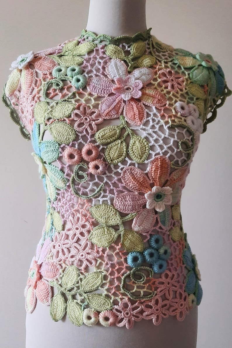TUTORIAL IRISH CROCHET Tee Top Vest Pattern - Floral Rainbow Lace Short Sleeve Sweater Blouse - Summer T-Shirt for women image 4