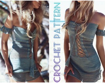 Crochet BODYCON BEACH Sweater Dress Pattern - Mini Off Shoulder Festival Sexy Hippie Dress - Holiday Casual Cover Up for Women Pattern