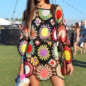 Easy Crochet FESTIVAL Beach DRESS Pattern pdf - BOHO Cover Up - Granny Square Sweater Digital Pattern - Lace Holiday Rainbow.