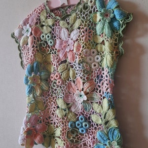 TUTORIAL IRISH CROCHET Tee Top Vest Pattern - Floral Rainbow Lace Short Sleeve Sweater Blouse - Summer T-Shirt for women image 2