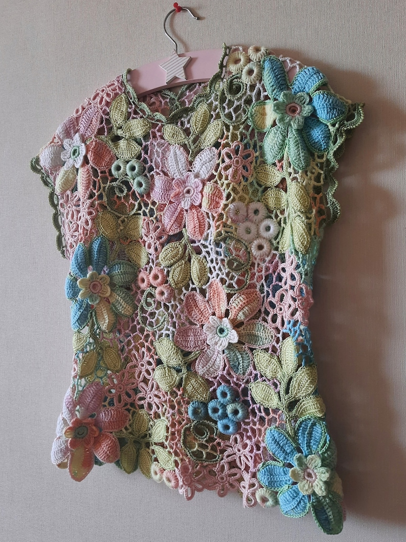 TUTORIAL IRISH CROCHET Tee Top Vest Pattern - Floral Rainbow Lace Short Sleeve Sweater Blouse - Summer T-Shirt for women image 2