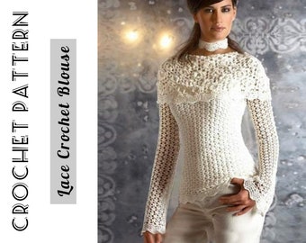 Crochet LACE BLOUSE Sweater Pattern Long Sleeve - Summer TOP Pullover - Elegant Fitted Shirt Cover up - Easy Pattern for Women Casual 2K