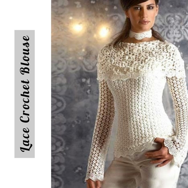 Crochet LACE BLOUSE Sweater Pattern Long Sleeve - Summer TOP Pullover - Elegant Fitted Shirt Cover up - Easy Pattern for Women Casual 2K