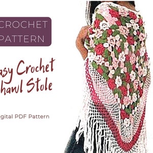 Può includere: Uno schema per un scialle in crochet con un motivo floreale in tonalità rosa, rosso e verde. Lo schema è disponibile per il download digitale in formato PDF. Scialle in crochet facile - Schema PDF digitale