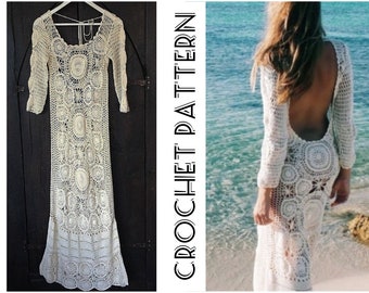 CROCHET Open Back MAXI Dress PATTERN pdf for Women - Boho Summer See Through Dress with Long Sleeve - Beach Cover Up Digital