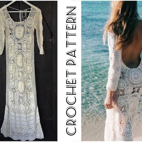 CROCHET Open Back MAXI Dress PATTERN pdf for Women - Boho Summer See Through Dress with Long Sleeve - Beach Cover Up Digital