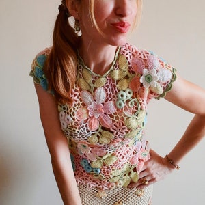 TUTORIAL IRISH CROCHET Tee Top Vest Pattern - Floral Rainbow Lace Short Sleeve Sweater Blouse - Summer T-Shirt for women image 10