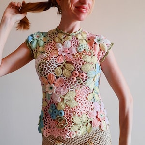TUTORIAL IRISH CROCHET Tee Top Vest Pattern - Floral Rainbow Lace Short Sleeve Sweater Blouse - Summer T-Shirt for women image 8