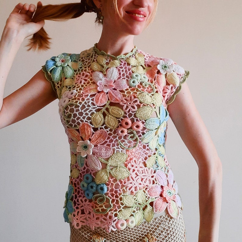 TUTORIAL IRISH CROCHET Tee Top Vest Pattern - Floral Rainbow Lace Short Sleeve Sweater Blouse - Summer T-Shirt for women image 8