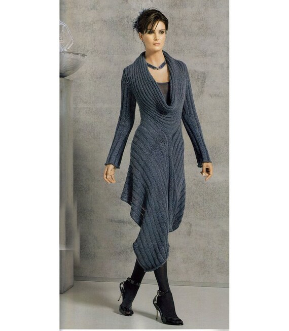 Knit FALL Maxi LONG SLEEVE Dress Pattern Pdf - Cowl Neck Wool Ribbed Dress  - Knitting Pattern - Party Vintage Dress - Etsy