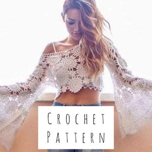 Crochet Lace BRIDAL Separates TOP Pattern - Crop Long Bell Sleeve Top - WEDDING Crop Top for Women - Plus Size Easy Pattern