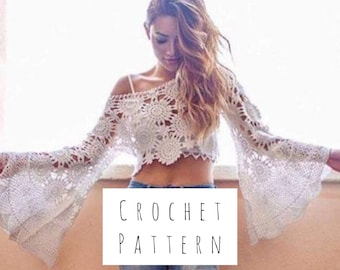 Crochet Lace BRIDAL Separates TOP Pattern - Crop Long Bell Sleeve Top - WEDDING Crop Top for Women - Plus Size Easy Pattern