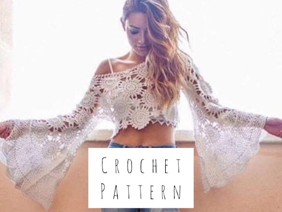 Crochet Lace BRIDAL Separates TOP Pattern Crop Long Bell Sleeve Top WEDDING Crop  Top for Women Plus Size Easy Pattern 