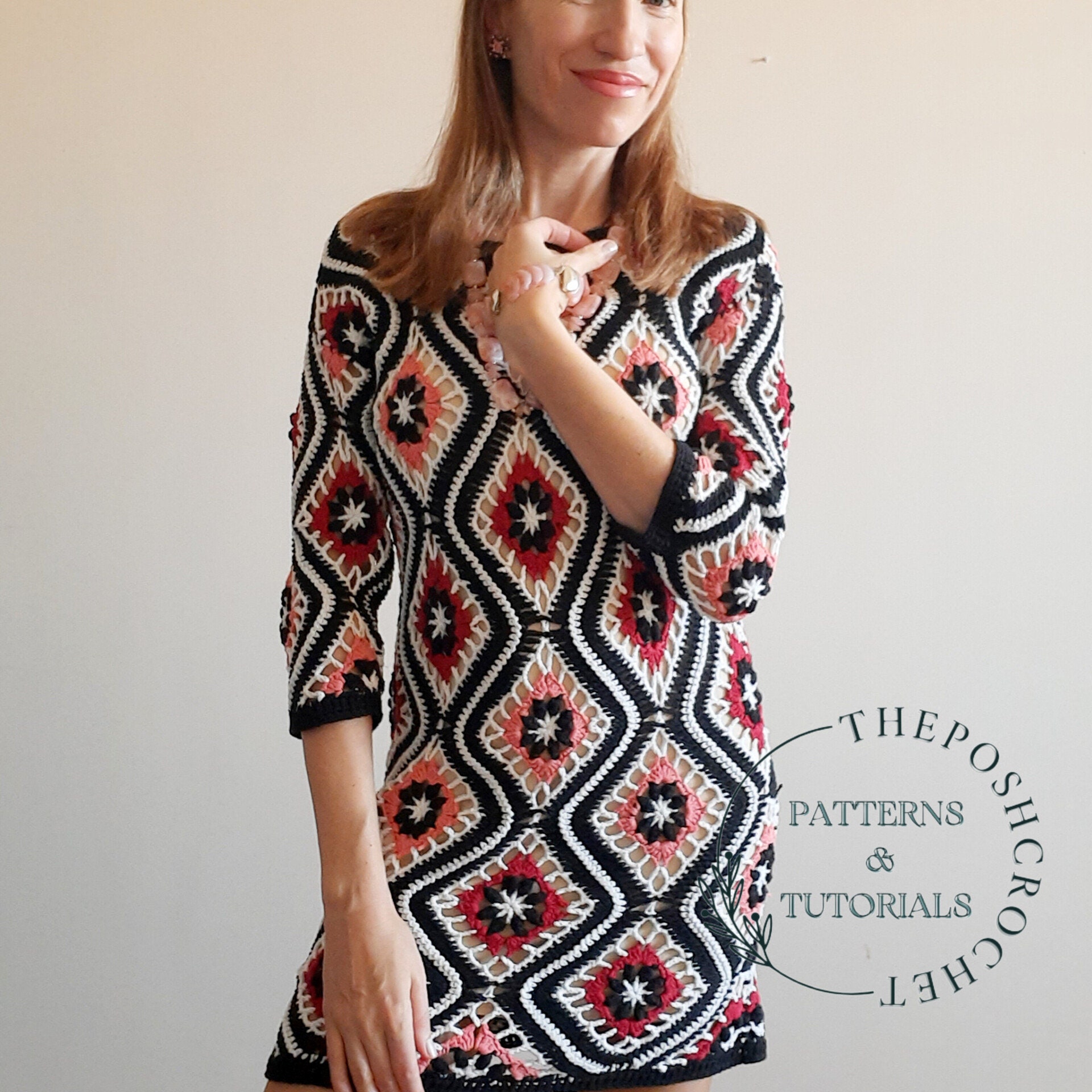 Crochet Granny Square Diamond Dress Pattern - Shift Cover up Boho Tunic ...