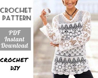 EASY Crochet COVER up TOP Pattern pdf - Lace Summer Tunic Shirt Blouse - Beach Boho Sweater - Digital Patterns for Women