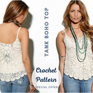May include: A crochet pattern for a white tank top with a boho style. The pattern is called "Tank Boho Top".