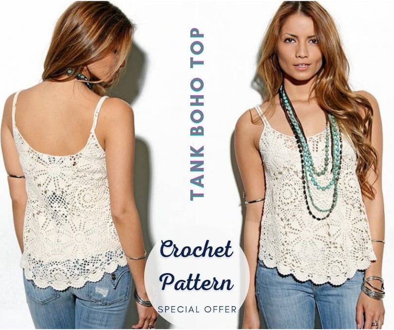 May include: A crochet pattern for a white tank top with a boho style. The pattern is called "Tank Boho Top".