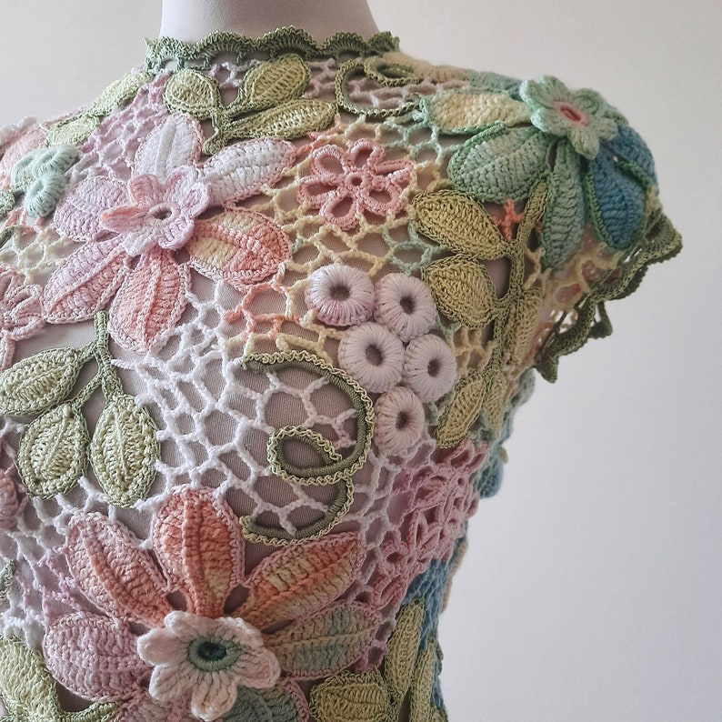 TUTORIAL IRISH CROCHET Tee Top Vest Pattern - Floral Rainbow Lace Short Sleeve Sweater Blouse - Summer T-Shirt for women image 3