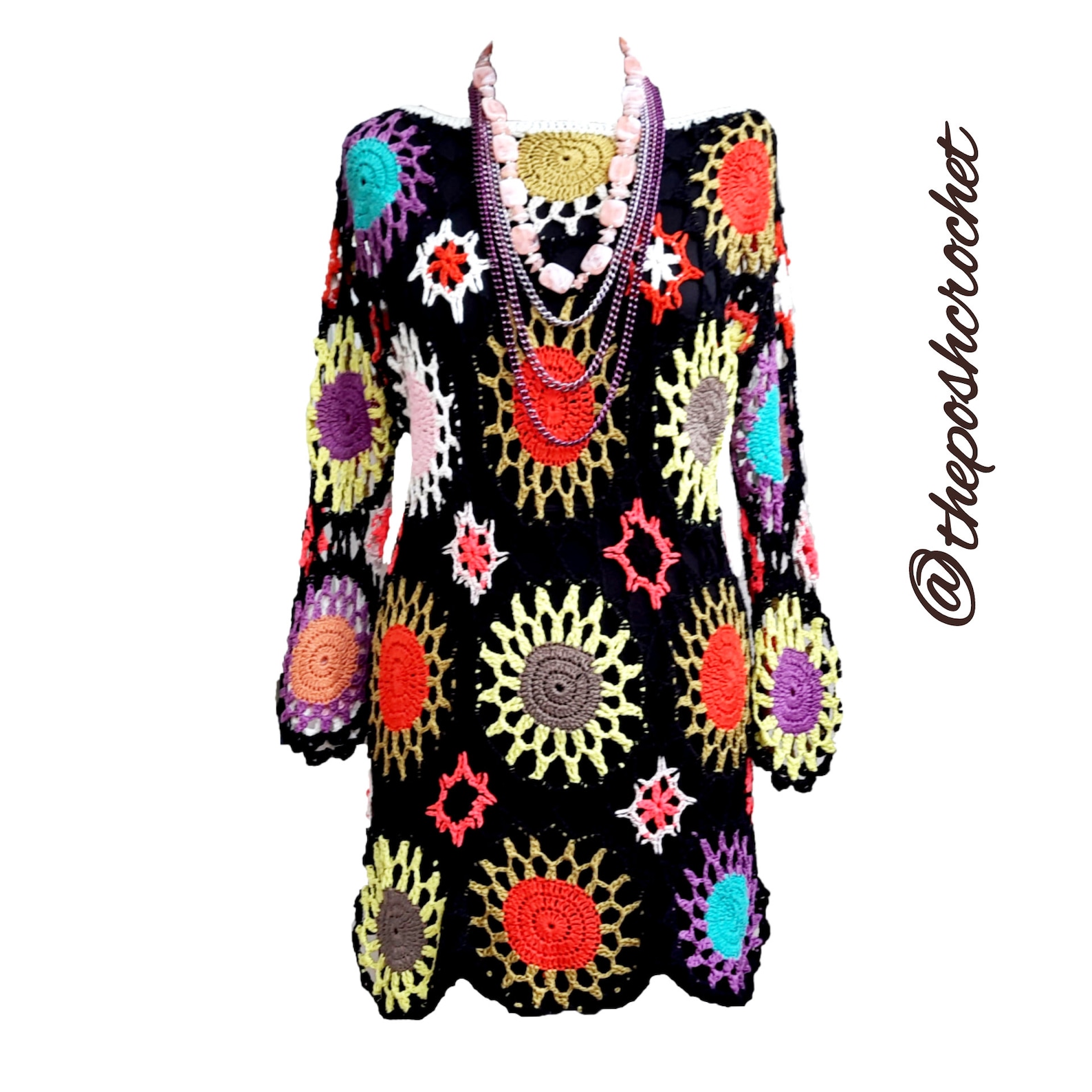 Crochet Cover up Boho Robe Pattern Granny Square Rainbow Etsy