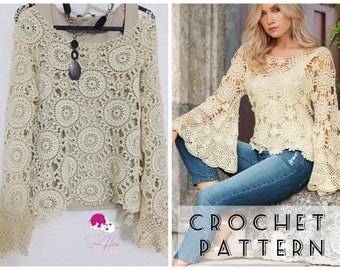 for PATTERN Shirt Crop SLEEVE Digital Long Top Women - Easy Patterns Sweater Crochet Pdf Blouse Etsy Summer BELL