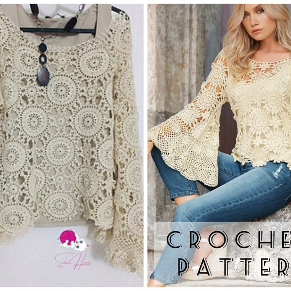 Crochet BELL Long SLEEVE Top PATTERN pdf - Crop Sweater Digital - Easy Summer Shirt Blouse Patterns for Women