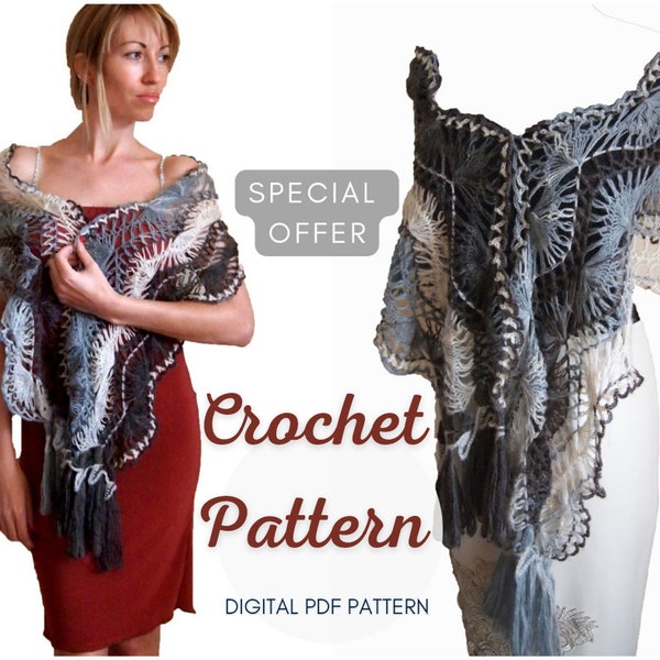 Easy Crochet Winter SHAWL WRAP Pattern pdf - Lace Scarf - Bridal Wool Shawl for Wedding