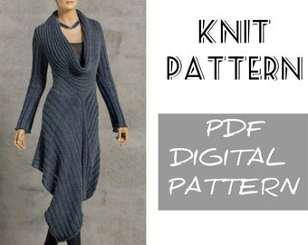 Knit FALL Maxi LONG SLEEVE Dress Pattern pdf - Cowl Neck Wool Ribbed Dress - Knitting Pattern - Party Vintage Dress