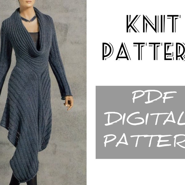 Knit FALL Maxi LONG SLEEVE Dress Pattern pdf - Cowl Neck Wool Ribbed Dress - Knitting Pattern - Party Vintage Dress
