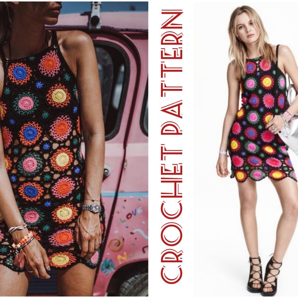 GRANNY SQUARE Crochet FESTIVAL Dress Pattern pdf - Rainbow Boho Robe Dress for Women - Beach Summer Tunic Dress Pattern