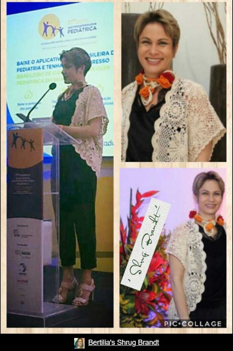 May include: A woman wearing a white crocheted shrug over a black top and black pants. She is standing at a podium and speaking. The text on the podium reads "Pediatrica". The image also includes a close-up of the woman wearing the shrug and a bouquet of flowers with a handwritten note that reads "Shrug Brandt".