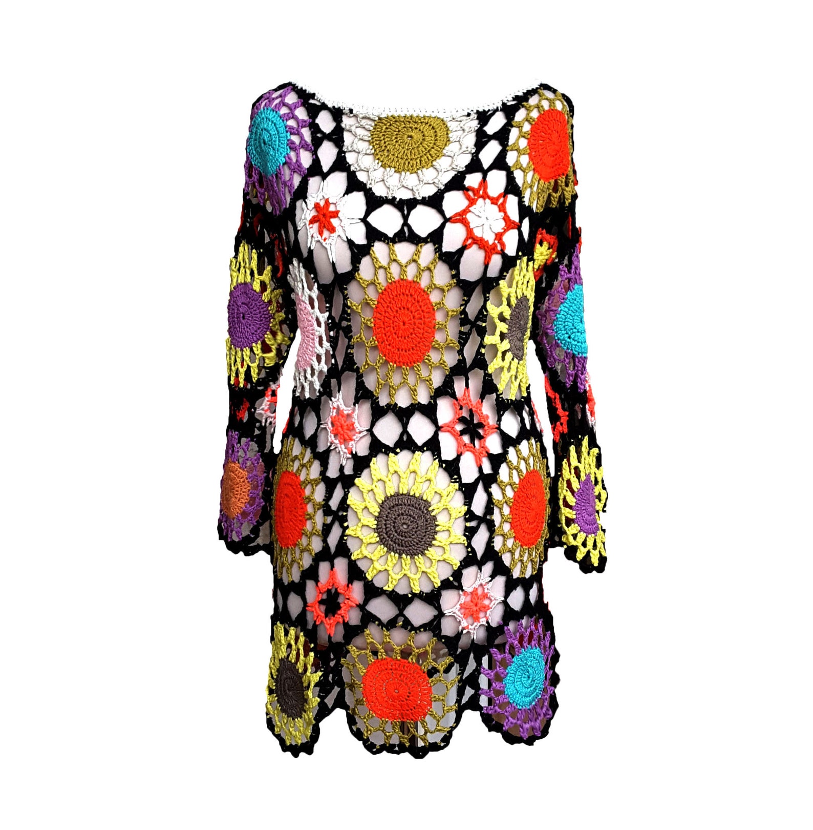 Crochet Cover up Boho Robe Pattern Granny Square Rainbow Etsy