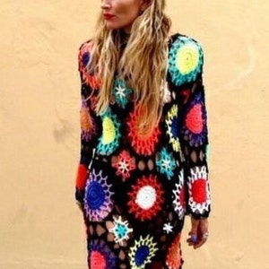 Crochet Cover up Boho Robe Pattern Granny Square Rainbow Dress Beach ...
