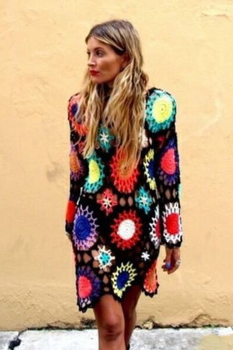 Crochet Cover up Boho Robe Pattern Granny Square Rainbow - Etsy