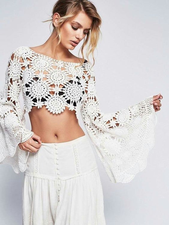 Crochet Lace BRIDAL Separates TOP Pattern Crop Long Bell Sleeve Top WEDDING Crop  Top for Women Plus Size Easy Pattern 