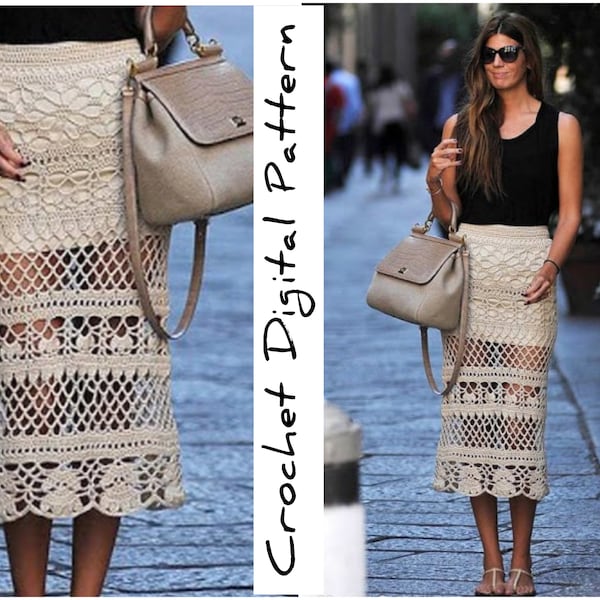 Crochet Skirt Digital PATTERN pdf - Women Maxi Tiered Lace Skirt with Scallop Edging - Long, Boho Chic, Hippie Style - Plus Sizes - Charts